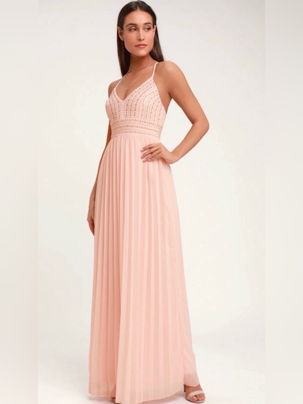 Lulu's Blush Pink Beaded Pleated Maxi Dress